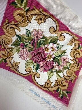 Vintage 16 x 12 completed floral embroidery needlepoint panel by Candamar